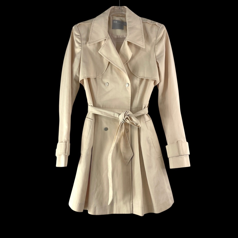ASOS Trench Coat Womens 4 Cream Double Breasted Belted Fit and Flare‎ Classic